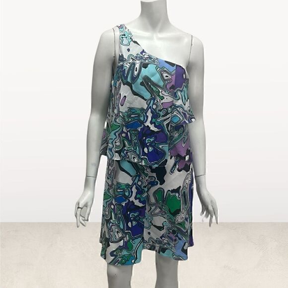 Suzi Chin One Shoulder Retro 70’s Print Tiered Dress - Picture 2 of 7